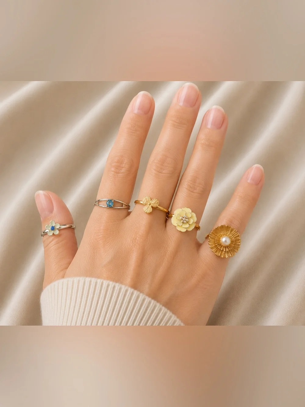 5 costume ring set size about 7.5 all adjustable except for yellow flower
